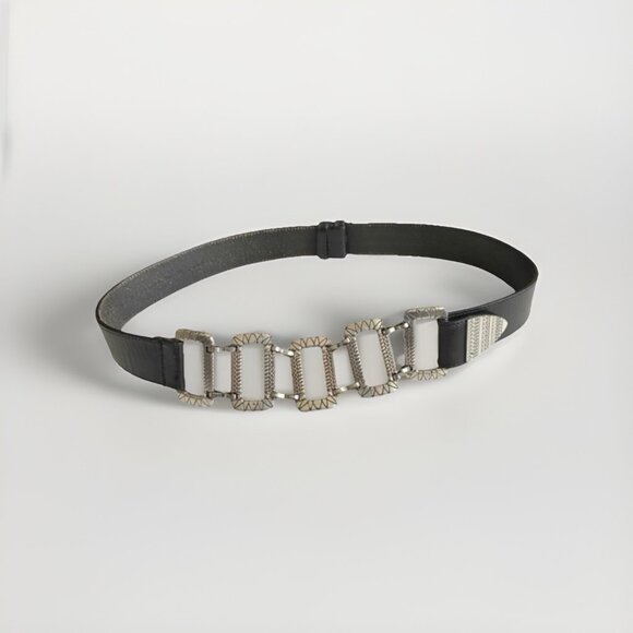 Vintage Style Black Faux Leather Silver Engraved Metal Link Statement Waist Belt